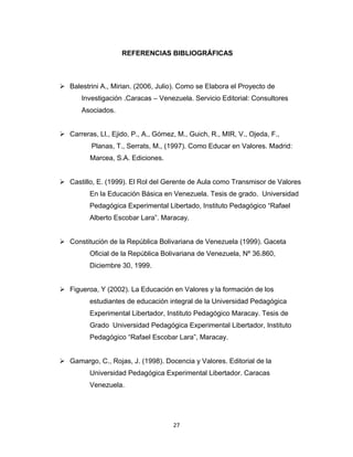 27 
REFERENCIAS BIBLIOGRÁFICAS 
 Balestrini A., Mirian. (2006, Julio). Como se Elabora el Proyecto de 
Investigación .Caracas – Venezuela. Servicio Editorial: Consultores Asociados. 
 Carreras, Ll., Ejido, P., A., Gómez, M., Guich, R., MIR, V., Ojeda, F., 
Planas, T., Serrats, M., (1997). Como Educar en Valores. Madrid: Marcea, S.A. Ediciones. 
 Castillo, E. (1999). El Rol del Gerente de Aula como Transmisor de Valores 
En la Educación Básica en Venezuela. Tesis de grado. Universidad Pedagógica Experimental Libertado, Instituto Pedagógico “Rafael Alberto Escobar Lara”. Maracay. 
 Constitución de la República Bolivariana de Venezuela (1999). Gaceta 
Oficial de la República Bolivariana de Venezuela, Nº 36.860, Diciembre 30, 1999. 
 Figueroa, Y (2002). La Educación en Valores y la formación de los 
estudiantes de educación integral de la Universidad Pedagógica Experimental Libertador, Instituto Pedagógico Maracay. Tesis de Grado Universidad Pedagógica Experimental Libertador, Instituto Pedagógico “Rafael Escobar Lara”, Maracay. 
 Gamargo, C., Rojas, J. (1998). Docencia y Valores. Editorial de la 
Universidad Pedagógica Experimental Libertador. Caracas Venezuela. 
 
