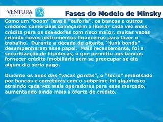 Fases do Modelo de Minsky Como um “boom” leva à "euforia", os bancos e outros credores comerciais começaram a liberar cada vez mais crédito para os devedores com risco maior, muitas vezes criando novos instrumentos financeiros para fazer o trabalho.  Durante a década de oitenta, “junk bonds” desempenharam esse papel.  Mais recentemente, foi a securitização de hipotecas, o que permitiu aos bancos fornecer crédito imobiliário sem se preocupar se ele algum dia seria pago.   Durante os anos das “vacas gordas”, o "lucro" embolsado por bancos e corretoras com o subprime foi gigantesco atraindo cada vez mais operadores para esse mercado, aumentando ainda mais a oferta de crédito.  