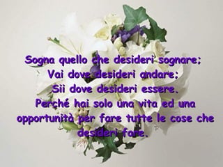 Sogna quello che desideri sognare;  Vai dove desideri andare;  Sii dove desideri essere. Perché hai solo una vita ed una opportunità per fare tutte le cose che desideri fare .  
