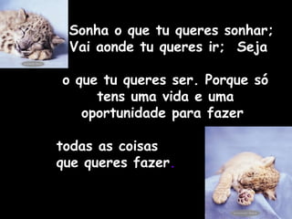 Sonha o que tu queres sonhar;
Vai aonde tu queres ir; Seja
o que tu queres ser. Porque só
tens uma vida e uma
oportunidade para fazer
todas as coisas
que queres fazer.

 