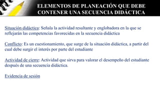 Situación didáctica: Señala la actividad resultante y englobadora en la que se
reflejarán las competencias favorecidas en la secuencia didáctica
Conflicto: Es un cuestionamiento, que surge de la situación didáctica, a partir del
cual debe surgir el interés por parte del estudiante
Actividad de cierre: Actividad que sirva para valorar el desempeño del estudiante
después de una secuencia didáctica.
Evidencia de sesión
ELEMENTOS DE PLANEACIÓN QUE DEBE
CONTENER UNA SECUENCIA DIDÁCTICA
 
