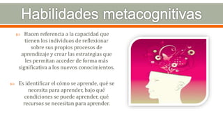  Hacen referencia a la capacidad que
tienen los individuos de reflexionar
sobre sus propios procesos de
aprendizaje y crear las estrategias que
les permitan acceder de forma más
significativa a los nuevos conocimientos.
 Es identificar el cómo se aprende, qué se
necesita para aprender, bajo qué
condiciones se puede aprender, qué
recursos se necesitan para aprender.
 