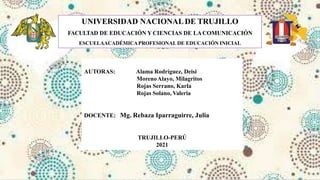 UNIVERSIDAD NACIONALDE TRUJILLO
FACULTAD DE EDUCACIÓN Y CIENCIAS DE LACOMUNICACIÓN
ESCUELAACADÉMICAPROFESIONAL DE EDUCACIÓN INICIAL
AUTORAS: Alama Rodríguez, Deisi
MorenoAlayo, Milagritos
Rojas Serrano, Karla
Rojas Solano, Valeria
DOCENTE: Mg. Rebaza Iparraguirre, Julia
TRUJILLO-PERÚ
2021
1
 