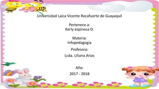 Universidad Laica Vicente Rocafuerte de Guayaquil
Pertenece a:
Kerly espinosa D.
Materia:
Infopedagogia
Profesora:
Lcda. Liliana Arias
Año:
2017 - 2018
 