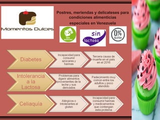 Postres, meriendas y delicateses para
condiciones alimenticias
especiales en Venezuela
 
