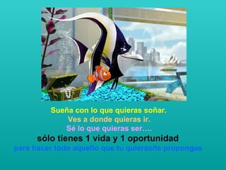   Sueña con lo que quieras soñar.  Ves a donde quieras ir. Sé lo que quieras ser…. sólo tienes 1 vida y 1 oportunidad  para hacer todo aquello que tu quieras/te propongas   
