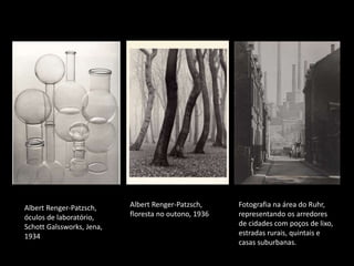Albert Renger-Patzsch,
óculos de laboratório,
Schott Galssworks, Jena,
1934
Albert Renger-Patzsch,
floresta no outono, 1936
Fotografia na área do Ruhr,
representando os arredores
de cidades com poços de lixo,
estradas rurais, quintais e
casas suburbanas.
 