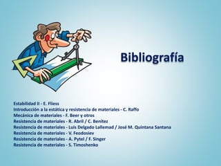 Bibliografía
Estabilidad II - E. Fliess
Introducción a la estática y resistencia de materiales - C. Raffo
Mecánica de materiales - F. Beer y otros
Resistencia de materiales - R. Abril / C. Benítez
Resistencia de materiales - Luis Delgado Lallemad / José M. Quintana Santana
Resistencia de materiales - V. Feodosiev
Resistencia de materiales - A. Pytel / F. Singer
Resistencia de materiales - S. Timoshenko
 