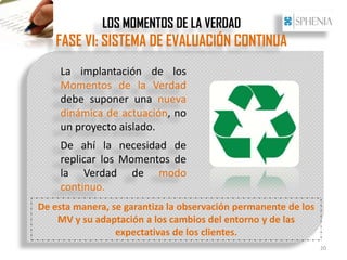 LOS MOMENTOS DE LA VERDAD
   FASE VI: SISTEMA DE EVALUACIÓN CONTINUA
    La implantación de los
    Momentos de la Verdad
    debe suponer una nueva
    dinámica de actuación, no
    un proyecto aislado.
    De ahí la necesidad de
    replicar los Momentos de
    la Verdad de modo
    continuo.
De esta manera, se garantiza la observación permanente de los
    MV y su adaptación a los cambios del entorno y de las
                 expectativas de los clientes.
                                                                20
 