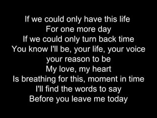 If we could only have this life
             For one more day
   If we could only turn back time
You know I'll be, your life, your voice
             your reason to be
             My love, my heart
Is breathing for this, moment in time
        I'll find the words to say
      Before you leave me today
 