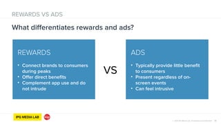 © 2014 IPG Media Lab. Proprietary & Confidential 13
ADS
!
• Typically provide little benefit
to consumers
• Present regardless of on-
screen events
• Can feel intrusive
REWARDS
!
• Connect brands to consumers
during peaks
• Offer direct benefits
• Complement app use and do
not intrude
VS
REWARDS VS ADS
What differentiates rewards and ads?
 