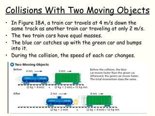 Collisions With Two Moving Objects In Figure 18A, a train car travels at 4 m/s down the same track as another train car traveling at only 2 m/s.  The two train cars have equal masses. The blue car catches up with the green car and bumps into it. During the collision, the speed of each car changes. 