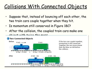 Collisions With Connected Objects Suppose that, instead of bouncing off each other, the two train cars couple together when they hit. Is momentum still conserved in Figure 18C? After the collision, the coupled train cars make one object with twice the mass. 