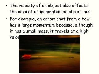 The velocity of an object also affects the amount of momentum an object has. For example, an arrow shot from a bow has a large momentum because, although it has a small mass, it travels at a high velocity. 