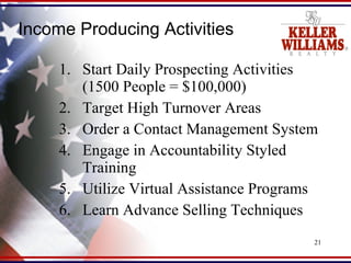 Income Producing Activities Start Daily Prospecting Activities (1500 People = $100,000) Target High Turnover Areas Order a Contact Management System Engage in Accountability Styled Training Utilize Virtual Assistance Programs Learn Advance Selling Techniques 