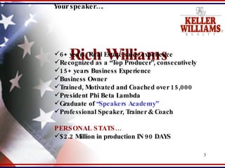 Rich Williams 6+ years  Real Estate sales experience Recognized as a “Top Producer”, consecutively  15+ years Business Experience Business Owner Trained, Motivated and Coached over 15,000  President Phi Beta Lambda  Graduate of  “Speakers Academy” Professional Speaker, Trainer & Coach  PERSONAL STATS… $2.2 Million in production IN 90 DAYS Your speaker…. 