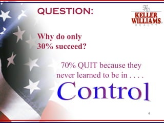 QUESTION: Why do only 30% succeed? 70% QUIT because they never learned to be in . . . .  Control 