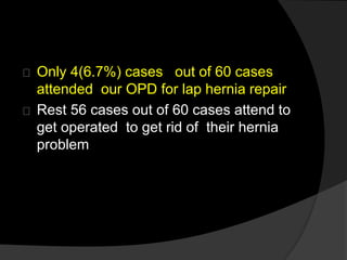 Only 4(6.7%) cases out of 60 cases
attended our OPD for lap hernia repair
Rest 56 cases out of 60 cases attend to
get operated to get rid of their hernia
problem
 