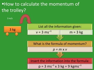 How to calculate the momentum of
the trolley?
3 kg
3 m/s
Insert the information into the formula:
p = 3 ms⁻¹ x 3 kg = 9 kgms⁻¹
What is the formula of momentum?
p = m x v
List all the information given:
v = 3 ms⁻¹ m = 3 kg
 