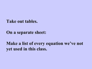 Take out tables.
On a separate sheet:
Make a list of every equation we’ve not
yet used in this class.
 