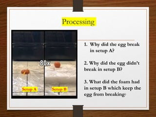 Processing
Setup A Setup B
1. Why did the egg break
in setup A?
2. Why did the egg didn’t
break in setup B?
3. What did the foam had
in setup B which keep the
egg from breaking?
 