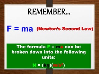 F = ma (Newton’s Second Law)
The formula F = ma can be
broken down into the following
units:
N = (kg)(m/s2)
REMEMBER…
 