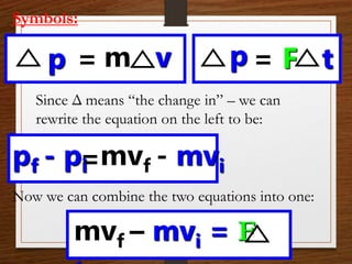mvf - mvi
=
pf - pi
F t
=
p
Symbols:
m v
=
p
mvf – mvi = F
Since Δ means “the change in” – we can
rewrite the equation on the left to be:
Now we can combine the two equations into one:
 