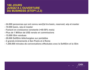 180 JOURS
  JUSQU’A L’OUVERTURE
  DU BUSINESS (STEP1,2,3)



- 24.000 personnes qui ont connu wor(l)d tra basic, reserved, wip et master
- 10.000 basic, wip et master
- Facturé en croissance constante (+40-50% mois)
- Plus de 1 Million de US$ versés en commissions
- 15.000 iSim vendues
- 20.000 SoftSim téléchargées sur portables
- 2 grands évènements à San Paolo et à Rome
- 1.200.000 minutes de conversations effectuées avec la SoftSim et la iSim
 
