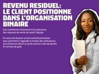 REVENU RESIDUEL:
LE CLIENT POSITIONNE
DANS L’ORGANISATION
BINAIRE
Ceci contribuera fortement à la croissance
des volumes de vente de toute l’équipe.

En outre de devenir un fort outil de promotion
pour permettre l’upgrade à master des utilisateurs,
qui verront en direct ce qu’ils sont en train de perdre
en termes de gain.
 
