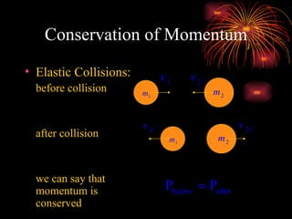 Conservation of Momentum Elastic Collisions: before collision after collision we can say that momentum is conserved 