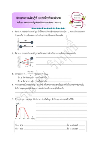 1. ตีมวล m กระทบกาแพง ดังรูป ถ้าให้ความเร็วขาเข้ากระทบกาแพงเป็น -U ความเร็วขาออกจาก
กาแพงเป็น V จงเขียนสมการสาหรับหาการเปลี่ยนแปลงโมเมนตัม
……………………………………………………………………………………………………………………………………………………………
……………………………………………………………………………………………………………………………………………………………
2. ตีมวล m กระทบกาแพง ดังรูป จงเขียนสมการสาหรับหาการเปลี่ยนแปลงโมเมนตัม
………………………………………………………………..……………………………………………
………………………………………………………………..……………………………………………
………………………………………………………………………………………………………………
3. จากสมการ
mv-mu
t
พิจารณา F กับ t
ถ้า t มีค่าน้อยๆ แล้ว F จะเป็นอย่างไร...................................................
ถ้า t มีค่ามากๆ แล้ว F จะเป็นอย่างไร...................................................
4. “เวลาเรากระโดดลงจากที่สูง เมื่อเท้าถึงพื้นเรามักจะย่อเข่าเพื่อป้องกันไม่ให้เกิดอาการบาดเจ็บ
ที่เท้า” เหตุผลทางฟิสิกส์ของการย่อเข่าก่อนเท้ากระทบพื้นคืออะไร
……………………………………………………………………………………………………………………………………………………………
……………………………………………………………………………………………………………………………………………………………
5. ถ้ากราฟระหว่างแรงดล (F) กับเวลา (t) เป็นดังรูป นักเรียนจะหาการดลด้วยวิธีใด
………………………………………………………………………………………………………………
………………………………………………………………………………………………………………
………………………………………………………………………………………………………………
………………….………………………………………………………………….………………………
………………………………………………………………………………………………………………
กิจกรรมการเรียนรู้ที่ 1.2 เข้าใจพร้อมอธิบาย
คาชี้แจง เขียนคาตอบที่ถูกต้องลงในช่องว่าง (ข้อละ 2 คะแนน)
คะแนนเต็ม
10 คะแนน
คะแนนที่ได้
…..…คะแนน
ชื่อ - สกุล ..........................................................................................ชั้น ม.4/1 เลขที่ .............
ชื่อ - สกุล ..........................................................................................ชั้น ม.4/1 เลขที่ .............
-U
+V
-U
+V


 