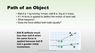 Path of an Object
• Ball A is 1 kg moving 1m/sec, ball B is 1kg at 3 m/sec.
• A 1 N force is applied to deflect the motion of each ball.
• What happens?
• Does the force deflect both balls equally?
EM, SPP- DoCl, FoT, DDU, Nadiad. 15
 Ball B deflects much
less than ball A when
the same force is
applied because ball B
had a greater initial
momentum.
 