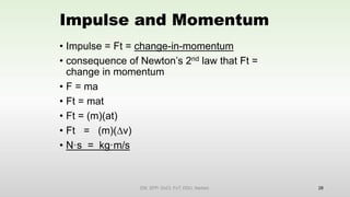 Impulse and Momentum
• Impulse = Ft = change-in-momentum
• consequence of Newton’s 2nd law that Ft =
change in momentum
• F = ma
• Ft = mat
• Ft = (m)(at)
• Ft = (m)(Dv)
• N·s = kg·m/s
28
EM, SPP- DoCl, FoT, DDU, Nadiad.
 