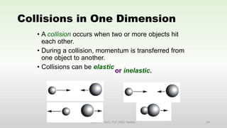 Collisions in One Dimension
• A collision occurs when two or more objects hit
each other.
• During a collision, momentum is transferred from
one object to another.
• Collisions can be elastic
EM, SPP- DoCl, FoT, DDU, Nadiad. 44
or inelastic.
 