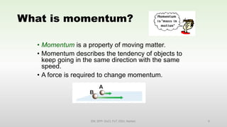 What is momentum?
• Momentum is a property of moving matter.
• Momentum describes the tendency of objects to
keep going in the same direction with the same
speed.
• A force is required to change momentum.
EM, SPP- DoCl, FoT, DDU, Nadiad. 6
 