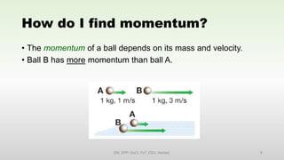 How do I find momentum?
• The momentum of a ball depends on its mass and velocity.
• Ball B has more momentum than ball A.
EM, SPP- DoCl, FoT, DDU, Nadiad. 8
 