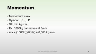 Momentum
• Momentum = mv
• Symbol: p , P .
• SI Unit: kg·m/s
• Ex. 1000kg car moves at 8m/s.
• mv = (1000kg)(8m/s) = 8,000 kg·m/s
9
EM, SPP- DoCl, FoT, DDU, Nadiad.
 