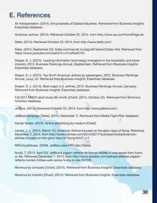 E. References
Air transportation. (2014). Encyclopedia of Global Industries. Retrieved from Business Insights:
Essentials database.
American airlines. (2014). Retrieved October 22, 2014, from http://www.aa.com/homePage.do
Delta. (2014). Retrieved October 22, 2014, from http://www.delta.com/
Delta. (2014, September 22). Delta commercial no bag left behind [Video file]. Retrieved from
https://www.youtube.com/watch?v=U1vsRezK7v0
Draper, D. J. (2013). Leading information technology innovators in the hospitality and travel
industry, 2013. Business Rankings Annual, (September). Retrieved from Business Insights:
Essentials database.
Draper, D. J. (2013). Top North American airlines by passengers, 2012. Business Rankings
Annual, (July), 43. Retrieved from Business Insights: Essentials database.
Draper, D. J. (2014). Best major U.S. airlines, 2013. Business Rankings Annual, (January).
Retrieved from Business Insights: Essentials database.
Fall 2011 NHCS adult study 06-month [Chart]. (2014, October 22). Retrieved from Simmons
OneView database.
JetBlue. (2014). Retrieved October 22, 2014, from http://www.jetblue.com/
JetBlue campaign [Table]. (2014, December 7). Retrieved from Media Flight Plan database.
Kantar Media. (2010). Airline advertising by medium [Chart].
Levere, J. L. (2014, March 17). American Airlines focuses on the glory days of flying. Retrieved
December 7, 2014, from http://www.nytimes.com/2014/03/17/business/media/american-
airlines-focuses-on-the-glory-days-of-flying.html?_r=1
MRI Doublebase. (2009). JetBlue case MRI data [Table].
Nudd, T. (2014, April 23). JetBlue’s pigeon reflects on human foibles in web series from funny
or die. Retrieved December 7, 2014, from http://www.adweek.com/adfreak/jetblues-pigeon-
reflects-human-foibles-web-series-funny-or-die-157205
Revenue by company [Chart]. (2014). Retrieved from Business Insights: Essentials database.
Revenue by industry [Chart]. (2014). Retrieved from Business Insights: Essentials database.
30
 