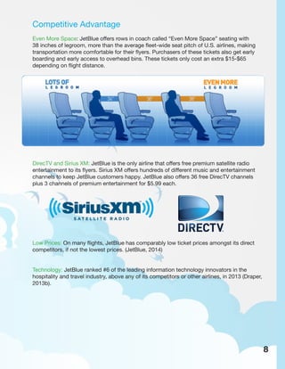 Competitive Advantage
Even More Space: JetBlue offers rows in coach called “Even More Space” seating with
38 inches of legroom, more than the average fleet-wide seat pitch of U.S. airlines, making
transportation more comfortable for their flyers. Purchasers of these tickets also get early
boarding and early access to overhead bins. These tickets only cost an extra $15-$65
depending on flight distance.
Low Prices: On many flights, JetBlue has comparably low ticket prices amongst its direct
competitors, if not the lowest prices. (JetBlue, 2014)
Technology: JetBlue ranked #6 of the leading information technology innovators in the
hospitality and travel industry, above any of its competitors or other airlines, in 2013 (Draper,
2013b).
DirecTV and Sirius XM: JetBlue is the only airline that offers free premium satellite radio
entertainment to its flyers. Sirius XM offers hundreds of different music and entertainment
channels to keep JetBlue customers happy. JetBlue also offers 36 free DirecTV channels
plus 3 channels of premium entertainment for $5.99 each.
8
 