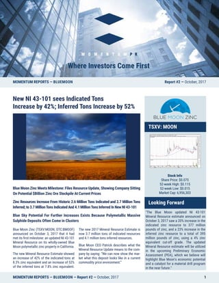 MOMENTUM REPORTS — BLUEMOON — Report #2 — October, 2017 1
Blue Moon Zinc Meets Milestone: Files Resource Update, Showing Company Sitting
On Potential $Billion Zinc Ore Stockpile At Current Prices
Zinc Resources Increase From Historic 2.6 Million Tons Indicated and 2.7 Million Tons
Inferred; to 3.7 MillionTons Indicated And 4.1 MillionTons Inferred In New NI 43-101
Blue Sky Potential For Further Increases Exists Because Polymetallic Massive
Sulphide Deposits Often Come in Clusters
MOMENTUM REPORTS — BLUEMOON Report #2 — October, 2017
TSXV: MOON
Stock Info
Share Price: $0.075
52-week High: $0.115
52-week Low: $0.015
Market Cap: 6,956,303
Looking Forward
"The Blue Moon updated NI 43-101
Mineral Resource estimate announced on
October 3, 2017 saw a 20% increase in the
indicated zinc resource to 377 million
pounds of zinc, and a 23% increase in the
inferred zinc resource to a total of 395
million pounds of zinc, using a 4% zinc
equivalent cut-off grade. The updated
Mineral Resource estimate will be utilized
in the upcoming Preliminary Economic
Assessment (PEA), which we believe will
highlight Blue Moon's economic potential
and a catalyst for a material drill program
in the near future."
Blue Moon Zinc (TSXV:MOON; OTC:BMOOF)
announced on October 3, 2017 that it had
met its first milestone: an updated NI 43-101
Mineral Resource on its wholly-owned Blue
Moon polymetallic zinc property in California.
The new Mineral Resource Estimate showed
an increase of 42% of the indicated tons at
8.3% zinc equivalent and an increase of 52%
of the inferred tons at 7.8% zinc equivalent.
The new 2017 Mineral Resource Estimate is
now 3.7 million tons of indicated resources
and 4.1 million tons inferred resources.
Blue Moon CEO Patrick describes what the
Mineral Resource Update means to the com-
pany by saying: “We can now show the mar-
ket what this deposit looks like in a current
commodity price environment.”
New NI 43-101 sees Indicated Tons
Increase by 42%; Inferred Tons Increase by 52%
 