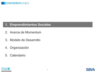 Emprendimientos SocialesAcerca de MomentumModelo de DesarrolloOrganizaciónCalendario