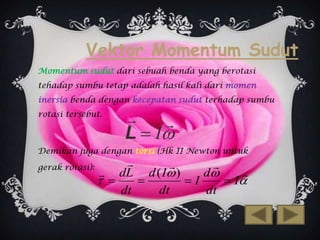 Vektor Momentum Sudut
Momentum sudut dari sebuah benda yang berotasi

tehadap sumbu tetap adalah hasil kali dari momen
inersia benda dengan kecepatan sudut terhadap sumbu
rotasi tersebut.



L  I

Demikan juga dengan torsi (Hk II Newton untuk
gerak rotasi):





 dL d ( I )
d
 

I
 I
dt
dt
dt

 