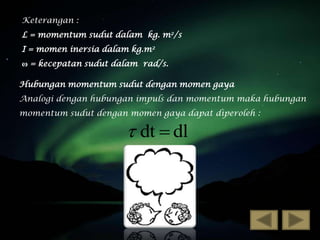 Keterangan :
L = momentum sudut dalam kg. m2/s
I = momen inersia dalam kg.m2
ω = kecepatan sudut dalam rad/s.

Hubungan momentum sudut dengan momen gaya
Analogi dengan hubungan impuls dan momentum maka hubungan
momentum sudut dengan momen gaya dapat diperoleh :

 dt  dl

 