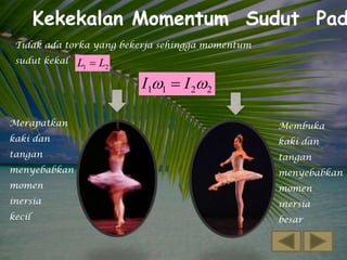 Kekekalan Momentum Sudut Pad
Tidak ada torka yang bekerja sehingga momentum
sudut kekal

L1  L2

I11  I 22
Merapatkan

Membuka

kaki dan

kaki dan

tangan

tangan

menyebabkan

menyebabkan

momen

momen

inersia

inersia

kecil

besar

 