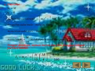 3. Diketahui :

m1  M
r1  R
1
1
2
momen inersia cakram I1  m1r1  MR2
2
2
kecepa tan sudut mula  mula : 1  
1

momentum sudut mula  mula : L1  1 I1    MR2 
2

M
3R
massa lem m2 
, melekat pada jarak dari poros r2 
10
4
Dengan demikian, momen inersia lem (lem dianggap sebagai
partikel) adalah :
2

M  3R  9MR2

2
I 2  m2 r2     
160
 10  4 

 