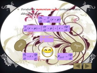  Perubahan momentum sudut terhadap waktu
diberikan oleh:

dL
d

r  p 
dt
dt
d
dr
dp 
r  p  
 p   r 

 


 dt
 
dt
dt 

 v  mv 
0

dL
dp
r
dt
dt

FEXT

dp

dt

 