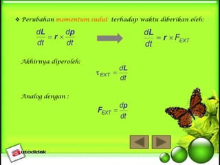  Perubahan momentum sudut terhadap waktu diberikan oleh:

dL
dp
r
dt
dt

dL
 r  FEXT
dt

Akhirnya diperoleh:

 EXT

dL

dt

FEXT

dp

dt

Analog dengan :

 