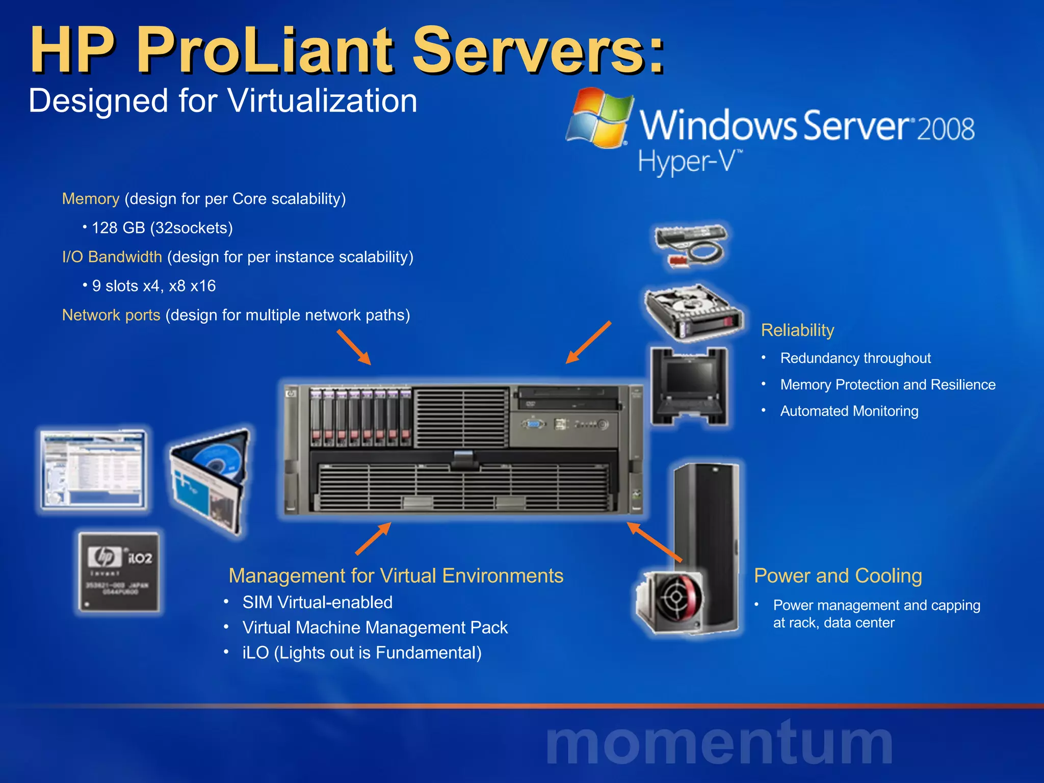 HP ProLiant Servers:  Designed for Virtualization Memory  (design for per Core scalability)  128 GB (32sockets) I/O Bandwidth  (design for per instance scalability)  9 slots x4, x8 x16  Network ports  (design for multiple network paths) Management for Virtual Environments SIM Virtual-enabled Virtual Machine Management Pack iLO (Lights out is Fundamental) Power and Cooling Power management and capping at rack, data center Reliability Redundancy throughout Memory Protection and Resilience Automated Monitoring 