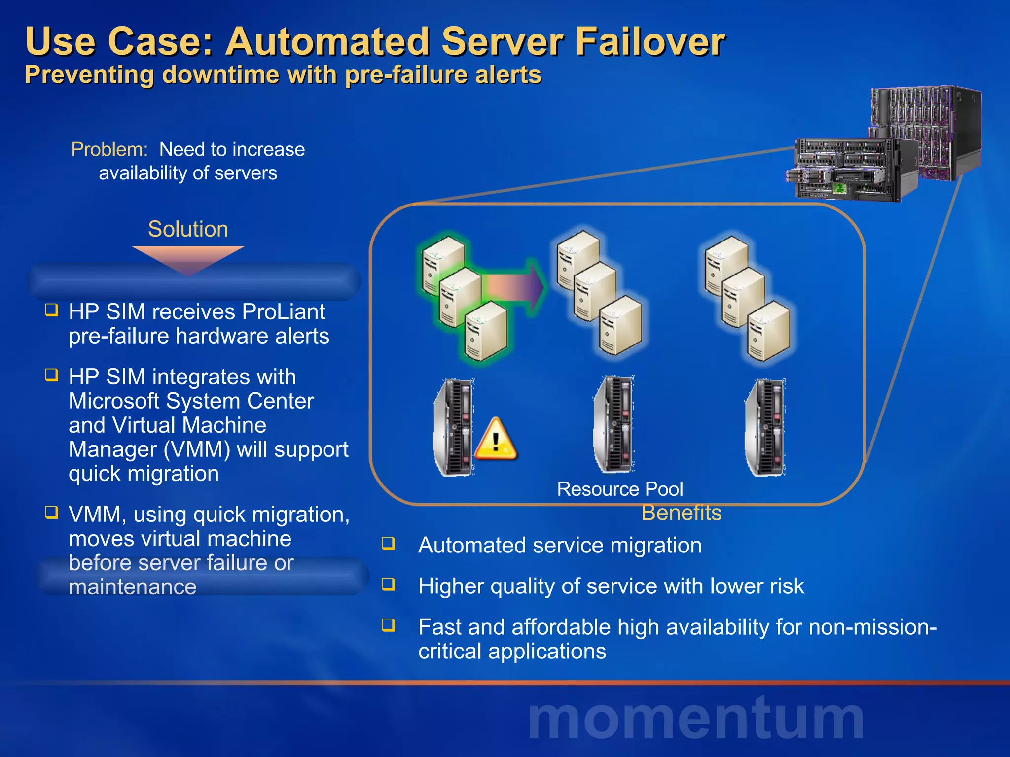 Use Case: Automated Server Failover  Preventing downtime with pre-failure alerts HP SIM receives ProLiant pre-failure hardware alerts HP SIM integrates with Microsoft System Center and Virtual Machine Manager (VMM) will support quick migration VMM, using quick migration, moves virtual machine before server failure or maintenance Solution Benefits Automated service migration Higher quality of service with lower risk Fast and affordable high availability for non-mission-critical applications Problem:   Need to increase availability of servers Resource Pool 