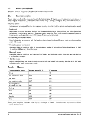 2.9             Power specifications
The drive receives DC power (+5V) through the interface connector.

2.9.1           Power consumption

Power requirements for the drives are listed in the table on page 8. Typical power measurements are based on
an average of drives tested, under nominal conditions, using 5.0V input voltage at 25°C ambient temperature.

• Spinup power
    Spinup power is measured from the time of power-on to the time that the drive spindle reaches operating speed.

• Seek mode
    During seek mode, the read/write actuator arm moves toward a specific position on the disc surface and does
    not execute a read or write operation. Servo electronics are active. Seek mode power is measured based on
    three random seek operations every 100 msecs. This mode is not typical.
• Read/write power and current
    Read/write power is measured with the heads on track, based on three 63 sector read or write operations
    every 100 msecs.

• Operating power and current
    Operating power is measured using 40 percent random seeks, 40 percent read/write mode (1 write for each
    10 reads) and 20 percent drive idle mode.

• Idle mode power
    Idle mode power is measured with the drive up to speed, with servo electronics active and with the heads in
    a random track location.
• Standby mode
    During Standby mode, the drive accepts commands, but the drive is not spinning, and the servo and read/
    write electronics are in power-down mode.

Table 2:        DC power

 Power dissipation (watts)             Average (watts, 25° C)               5V typ amps

 Spinup                                 —                                   1.2
 Idle, performance mode                2.00                                 0.4

 Idle, active                          1.20                                 0.24

 Idle, low power mode                  0.97                                 0.19

 Operating 40% r/w.
 40% seek, 20% inop.                   2.87                                 0.72

 Seeking                               2.4                                  0.48

 Read                                  2.4                                  0.48

 Write                                 2.4                                  0.48

 Standby                               0.36                                 0.07
 Sleep                                 0.36                                 0.07

*During periods of drive idle, some offline activity may occur according to the S.M.A.R.T. specification, which may increase acoustic and
 power to operational levels.




8                                                                                            Momentus Product Manual, Rev. E
 